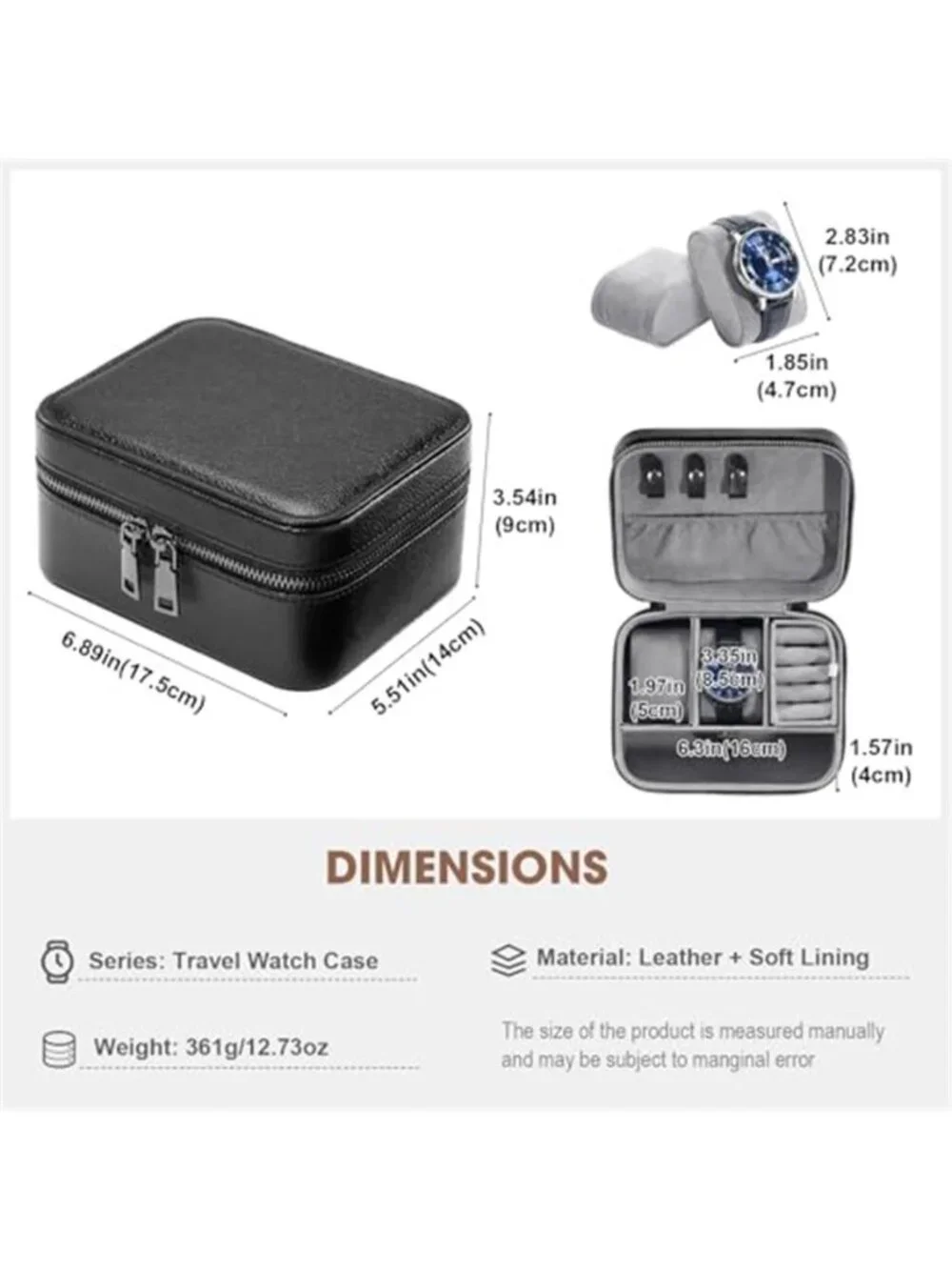 Travel Watch Case, 2 Slots Mens Jewelry Box -Black | PU Leather Storage